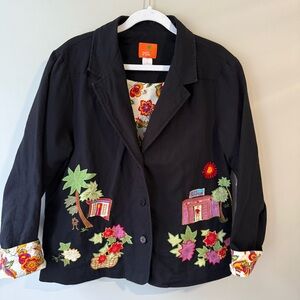 Hearts of Palm Black Tropical Floral Embroidered Cotton Blazer Women’s 16